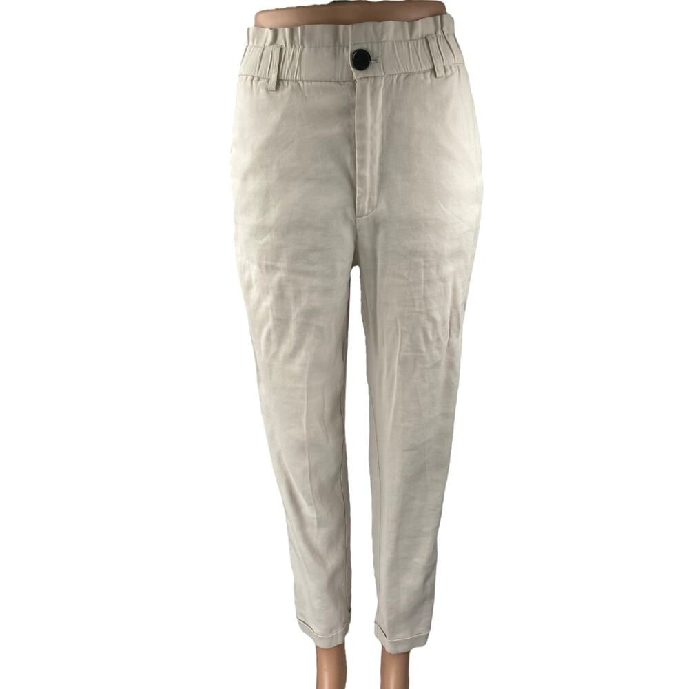 Zara Women's Cream White Straight Skinny High Waist Paperbag Trousers Pants XS
